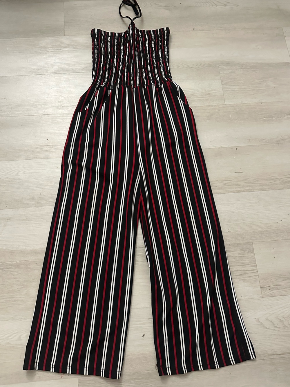 Striped Smocked Halter Jumpsuit in Black, White & Red